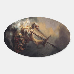 Sticker Ovale Vintage Jésus calmant la peinture orageuse