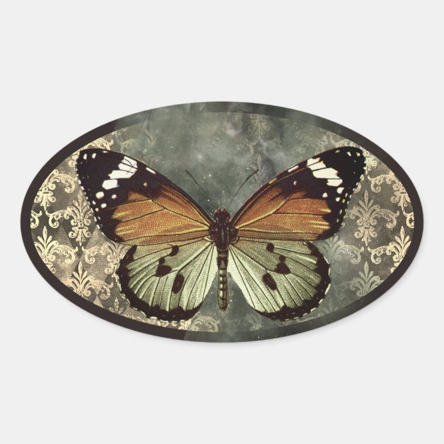 Sticker Ovale Vintage Style Butterfly Gothic (Devant)