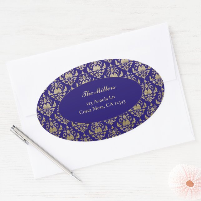 Sticker Ovale Violet violet Motif or Mariage Adresse de retour (Enveloppe)