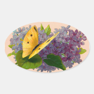 Sticker Ovale Violets vintages et papillon