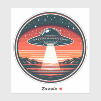 Sticker OVNI vintage au coucher de soleil rouge