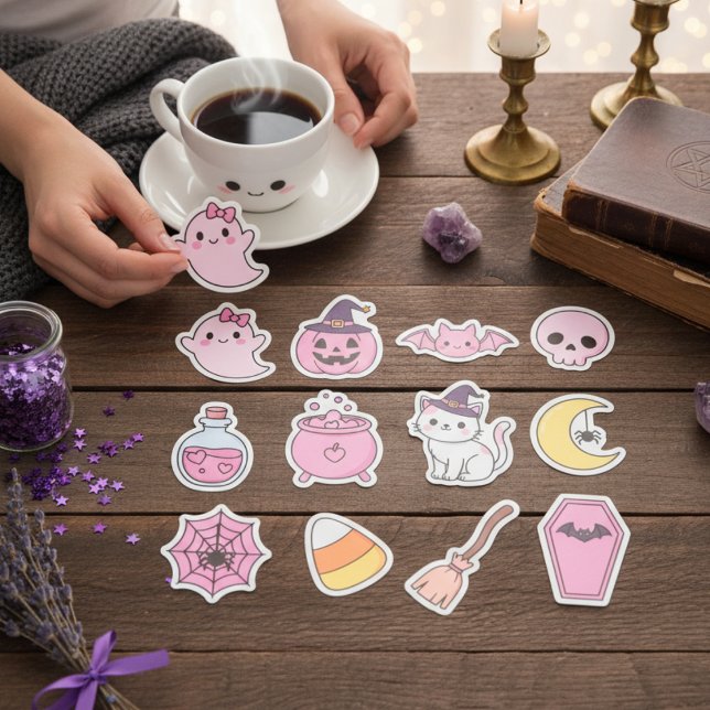 Sticker Pack d'autocollants magiques Kawaii Pastel Hallowe (Sweet Ghosts, Cats & Witchy Charms)