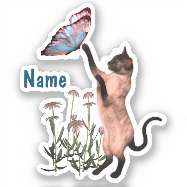 Sticker Papillon bleu chat siamois mou Personnalisé (Recto)