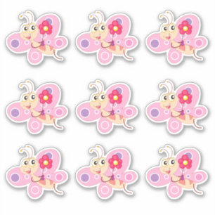 Sticker Papillon caricature rose mignon