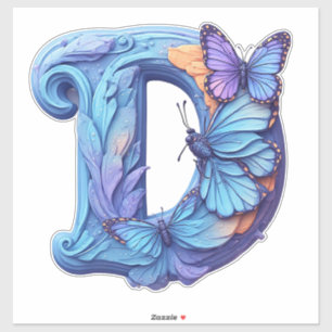 Sticker Papillon Coloré Posé Sur La Lettre D Bleue Clair
