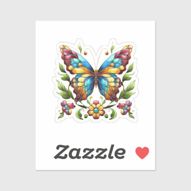 Sticker Papillon en vitrail coloré avec fleurs (Feuille)