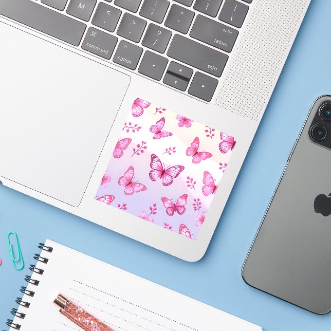 Sticker Papillon rose et motif floral (Ordinateur portable avec iPhone)