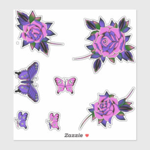 Sticker Papillons crâniens Roses de tatouage rose pourpre