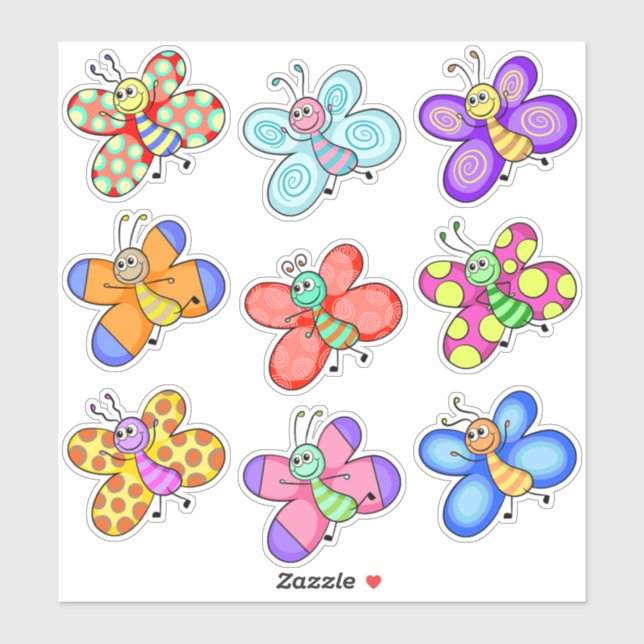 Sticker Papillons de caricature colorés (Feuille)