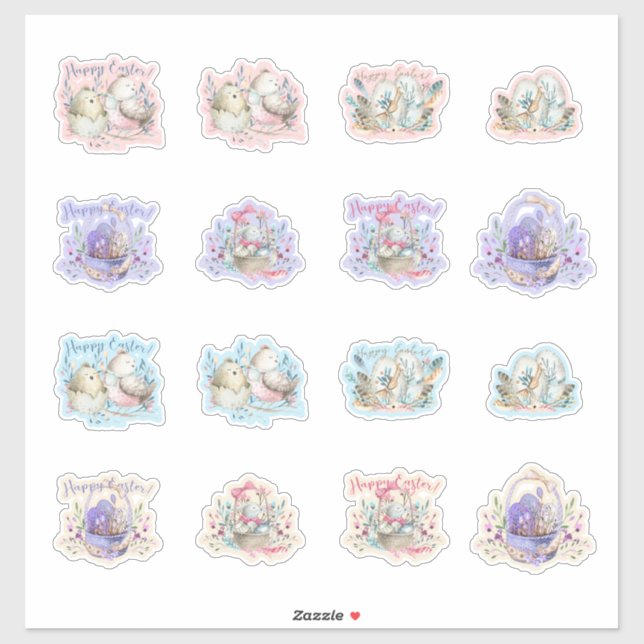 Sticker Pâques Bunnies Oiseaux Paniers Oeufs Mignons (Feuille)