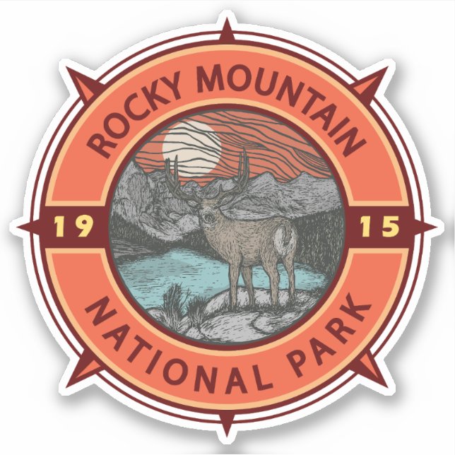 Sticker Parc national des Rocheuses Elk Retro Compass (Devant)