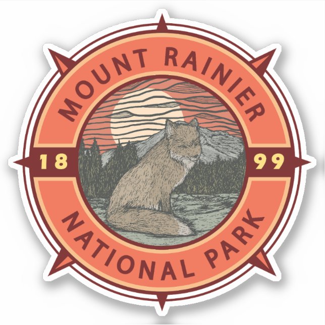 Sticker Parc national du Mont Rainier Red Fox Retro Compas (Devant)