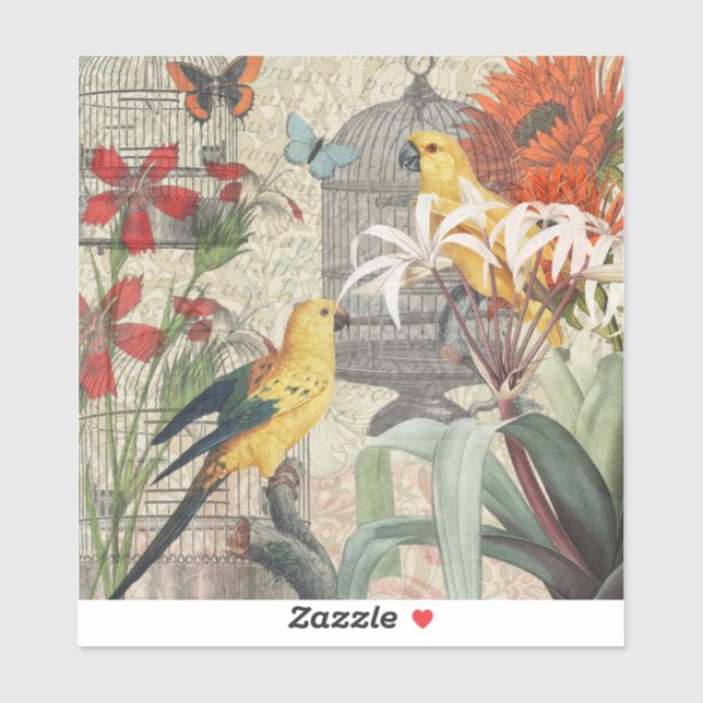 Sticker Parrot Jaune Tropical Antique Fleur (Feuille)