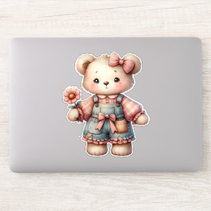Sticker Pastel Teddy Bear Holding Flower Wear Overalls