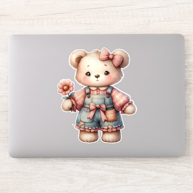 Sticker Pastel Teddy Bear Holding Flower Wear Overalls (Ordinateur)