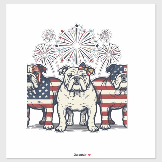 Sticker Patriotic Bulldog Fireworks Vintage Engraving Desi (Feuille)