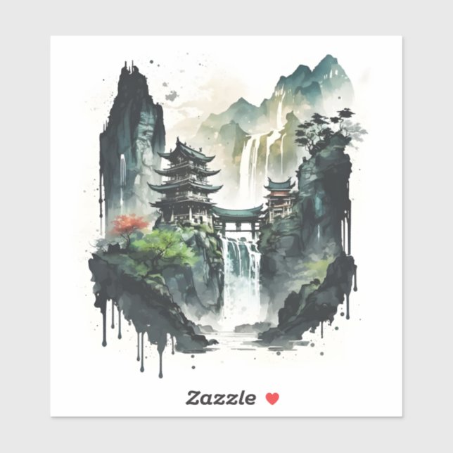 Sticker Paysage antique de l'encre chinoise avec cascade (Feuille)