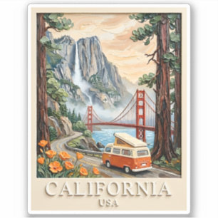 Sticker Paysage Texturé 3D Vintage de Road Trip en Califor
