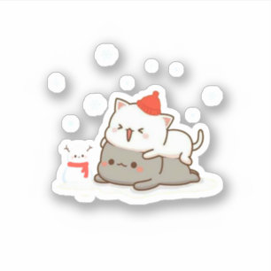Sticker Pêche Et Goma Mochi Chat, Joyeux Noël