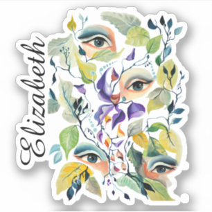 Sticker Peint à la main Elegant Feminine Eyes Feuilles col
