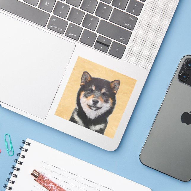 Sticker Peinture Shiba Inu (Noir et Tan) - Art Chien (Ordinateur portable avec iPhone)