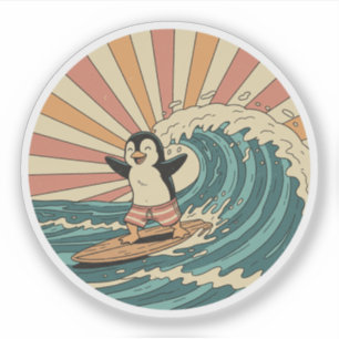 Sticker Penguin surfeur rétro - Vibe de plage d'été Vintag