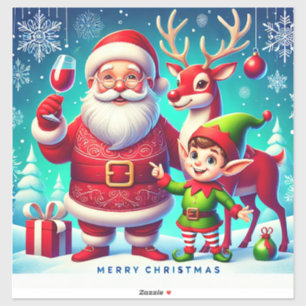 Sticker Père Noël, elfe et renne dans un Noël festif