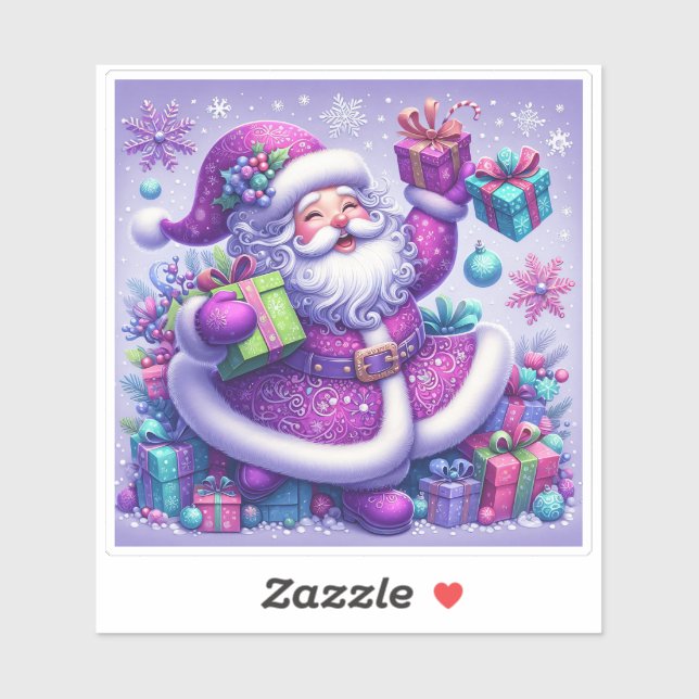 Sticker Père Noël en violet entouré de cadeaux (Feuille)