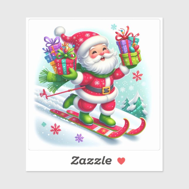 Sticker Père Noël Ski Avec Cadeaux Colorés (Feuille)