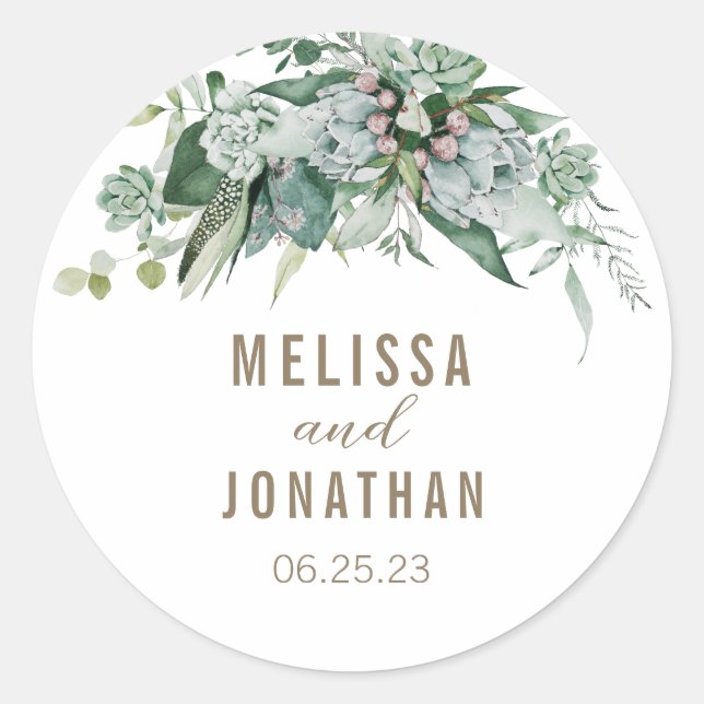 Sticker personnalisé de mariage de jardin succulen (Devant)