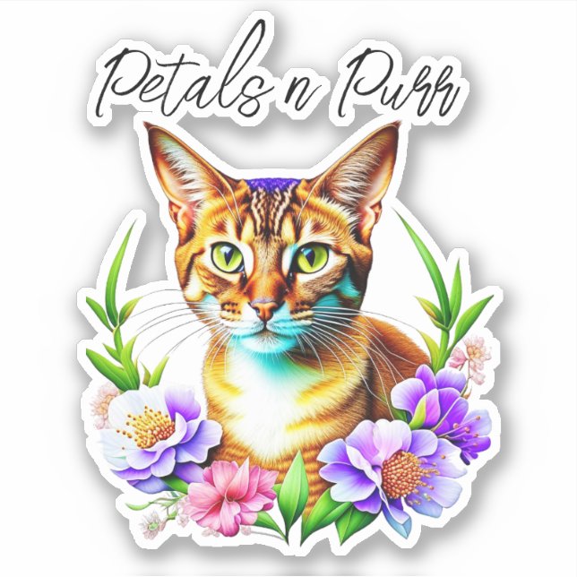 Sticker Pétales et Purr Cute Chat et jolies Fleurs (Devant)