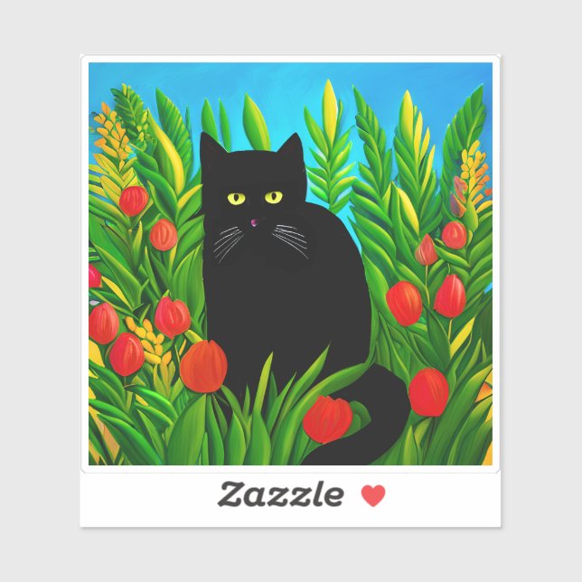 Sticker Petit chat noir dans un jardin de tulipes (Feuille)