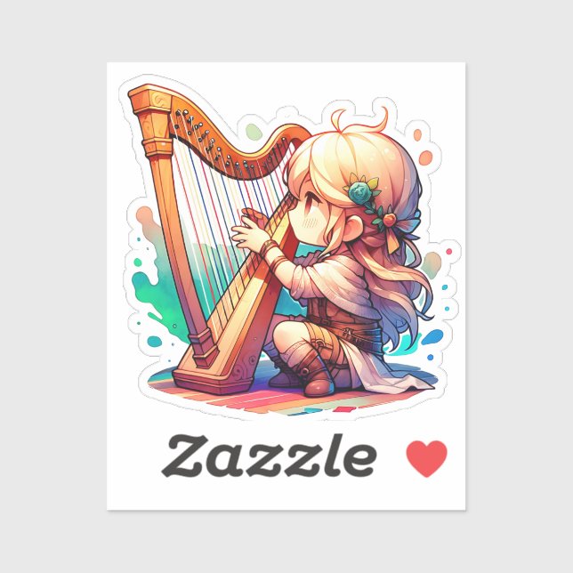 Sticker Petite fille Chibi Jouant de la harpe (Feuille)