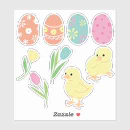 Sticker Petits poulets de Pâques, Oeufs décorés et Tulipes