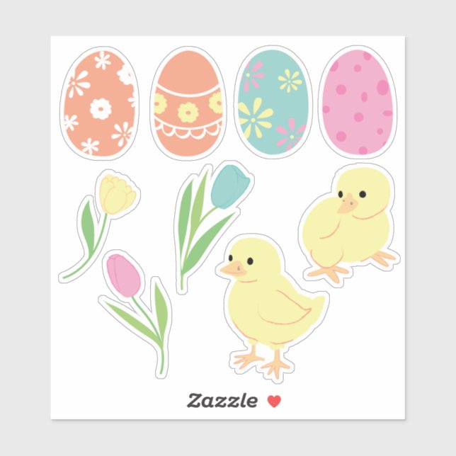 Sticker Petits poulets de Pâques, Oeufs décorés et Tulipes (Feuille)