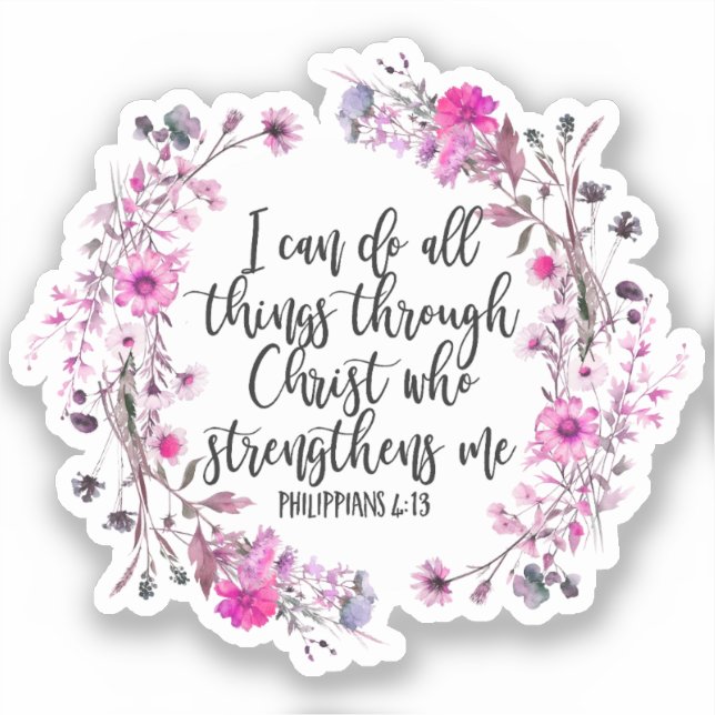 Sticker Philippiens 4:13 Écriture biblique rose et violet (Recto)