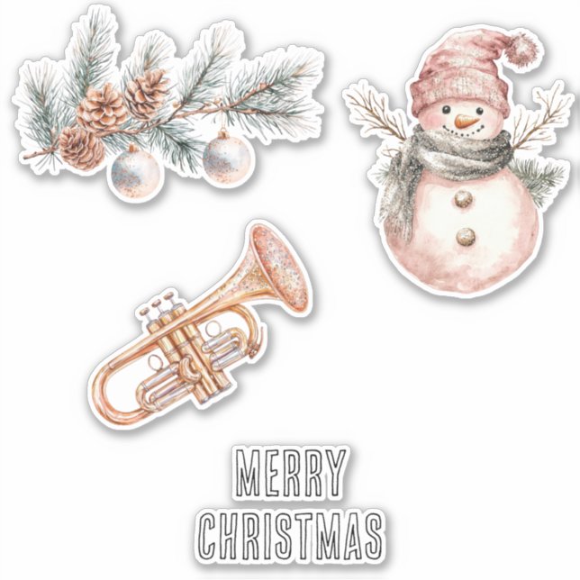 Sticker Pink Christmas Tree Pine Cones Ornaments Trumpet (Devant)