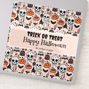 Sticker Pink Halloween Tricoter ou traiter Nom de famille 