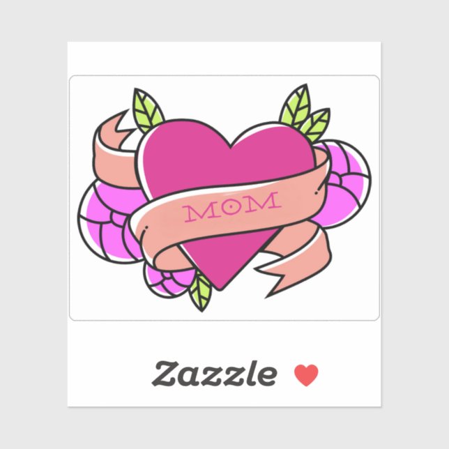Sticker Pink Heart Tattoo MOM fleurs Amour Amusant (Feuille)