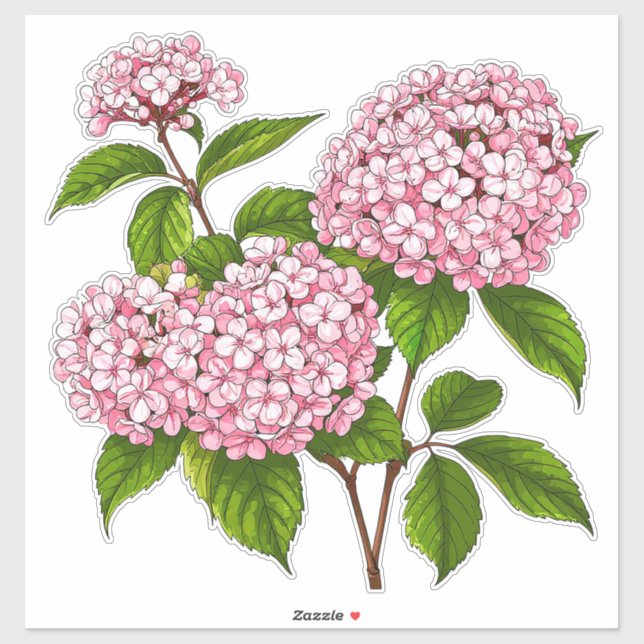 Sticker Pink Hydrangea Flowers in Full Bloom (Feuille)