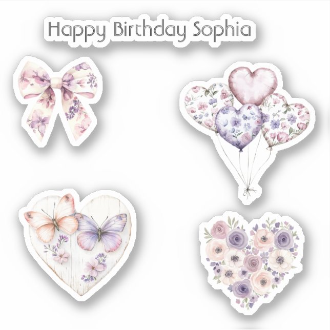 Sticker Pink Purple Floral Heart Balloons Birthday (Devant)