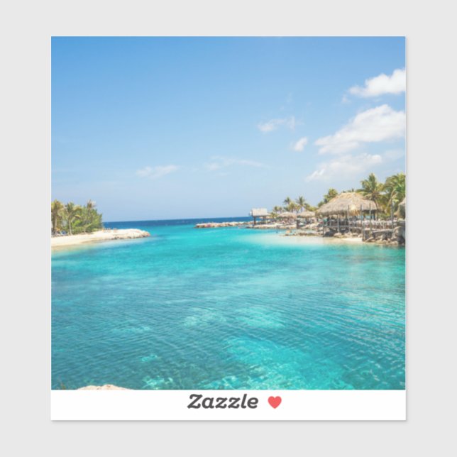 Sticker Plage tropicale pittoresque avec huttes de chaume  (Feuille)