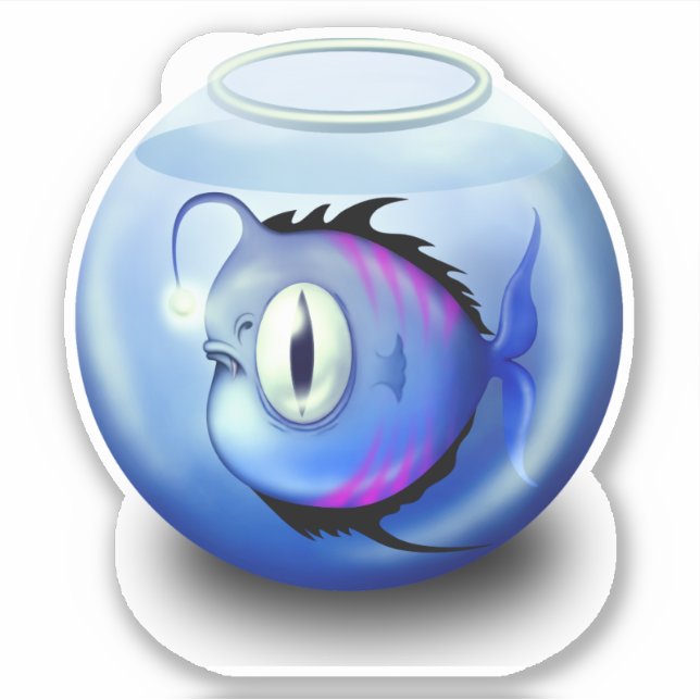 Sticker Poisson pêcheur aquarium bol de poisson mignon ble (Devant)