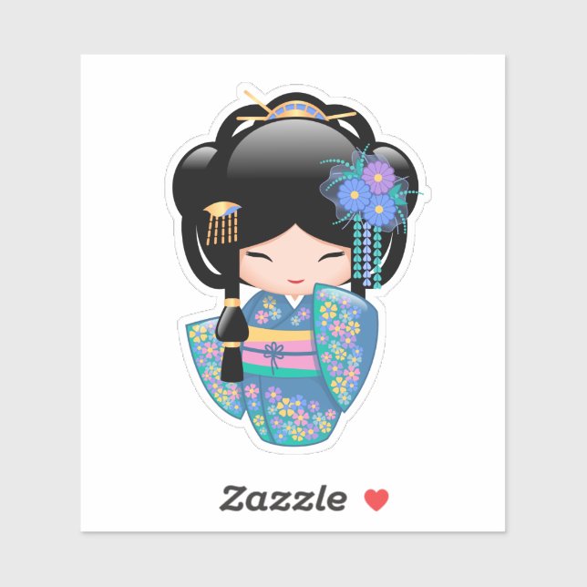 Sticker Poupée Keiko Kokeshi - Blue Kimono Geisha Girl (Feuille)