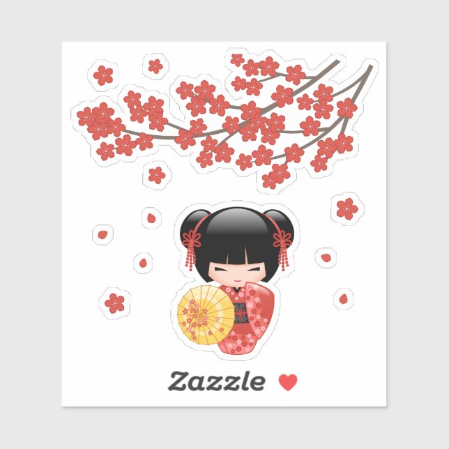 Sticker Poupée Kokeshi Sakura Rouge - Geisha Japonaise (Feuille)