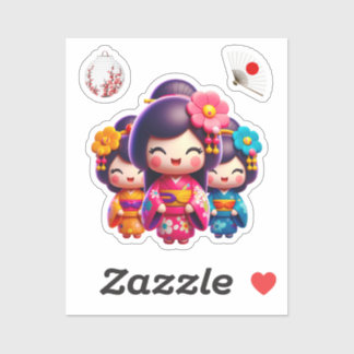 Sticker Poupée Kokeshi, Trois Jolies Geisha