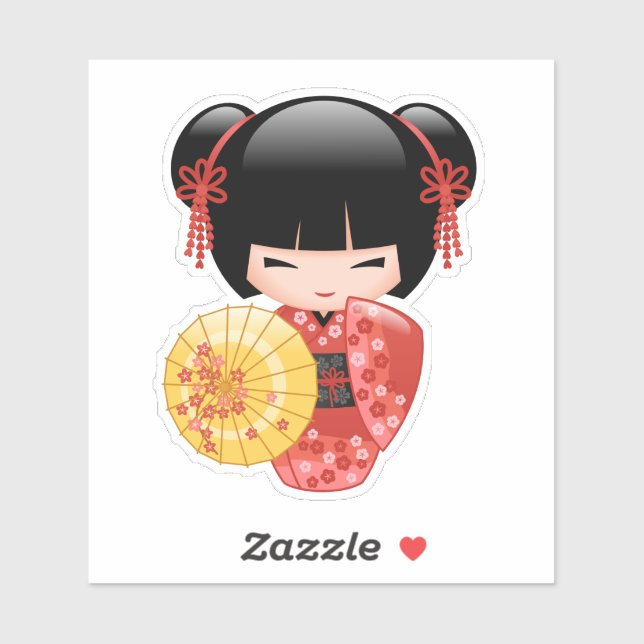Sticker Poupée rouge Sakura Kokeshi - Geisha japonais (Feuille)
