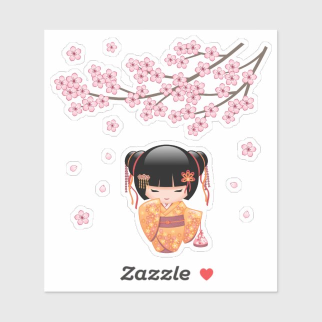 Sticker Poupée Ume Kokeshi - jolie fille japonaise Geisha (Feuille)
