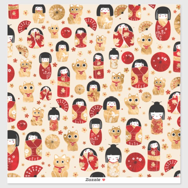 Sticker Poupées japonaises - Chats Kokeshi et Maneki Neko (Feuille)