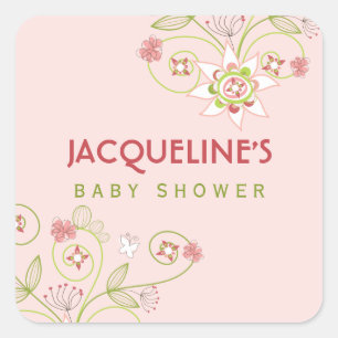 Sticker pour Baby shower fille en fleurs roses Whi